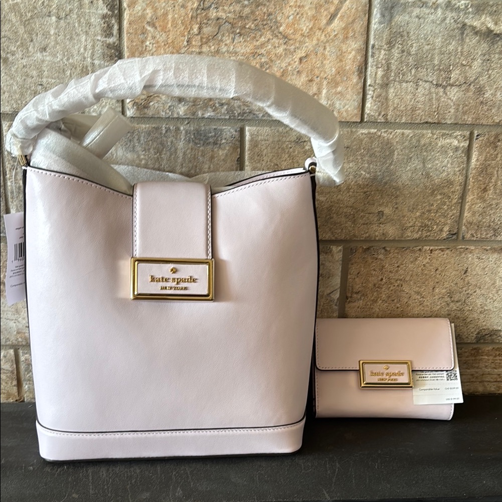 Nwt Set Kate Spade Pale Amethyst Reegan Smooth Leather Bucket Handbag Set